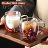 Double Wall Glass Floral Mug 250ml/350ml Clear Aesthetic Drink Cup with Insulated Handle Real Flower Decoration Double Layered Heat Preserving