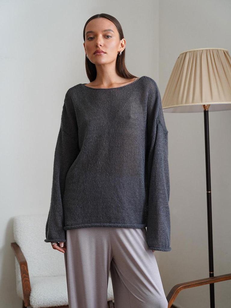 2025 Spring/Summer European-American Hollow Knit Sweater: Women's Thin, Large Round Neck, Trumpet Sleeve T-Shirt