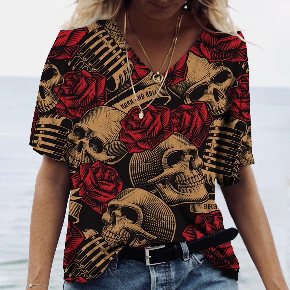 Новая женская футболка с V-образным вырезом и 3D-принтом в виде цветочного черепа, свободная повседневная футболка