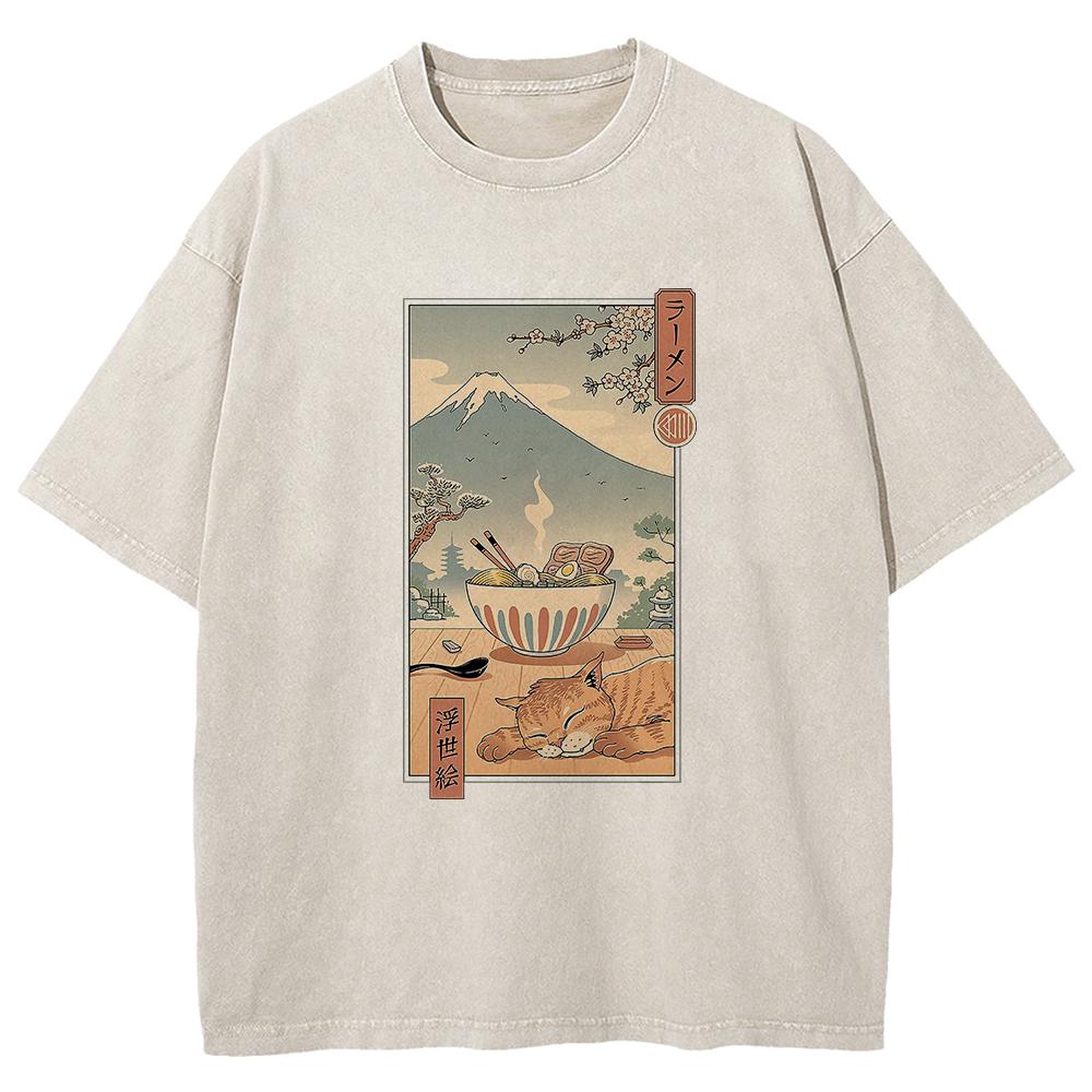 100% Хлопковая Футболка Забавная Футболка с Мультяшным Котом в Японском Стиле Ретро Мужская/женская Футболка Винтажная Оверсайз Топы Минеральной Стирки