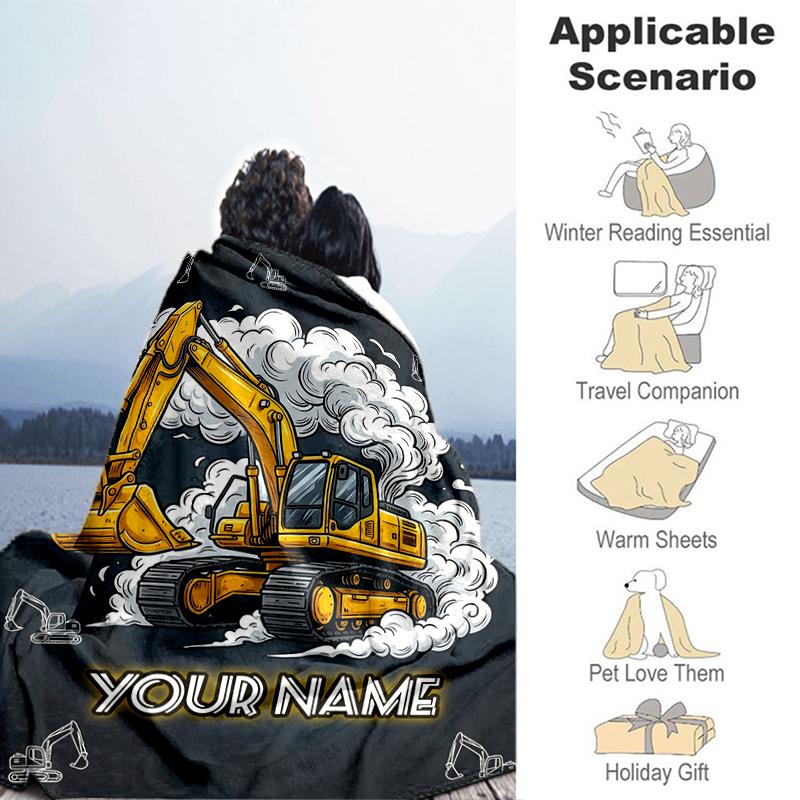 1PC Custom Name Excavator Dreams flannel blanket versatile,all-season throw suitable for the living room,bedroom,camping,travel,and gift