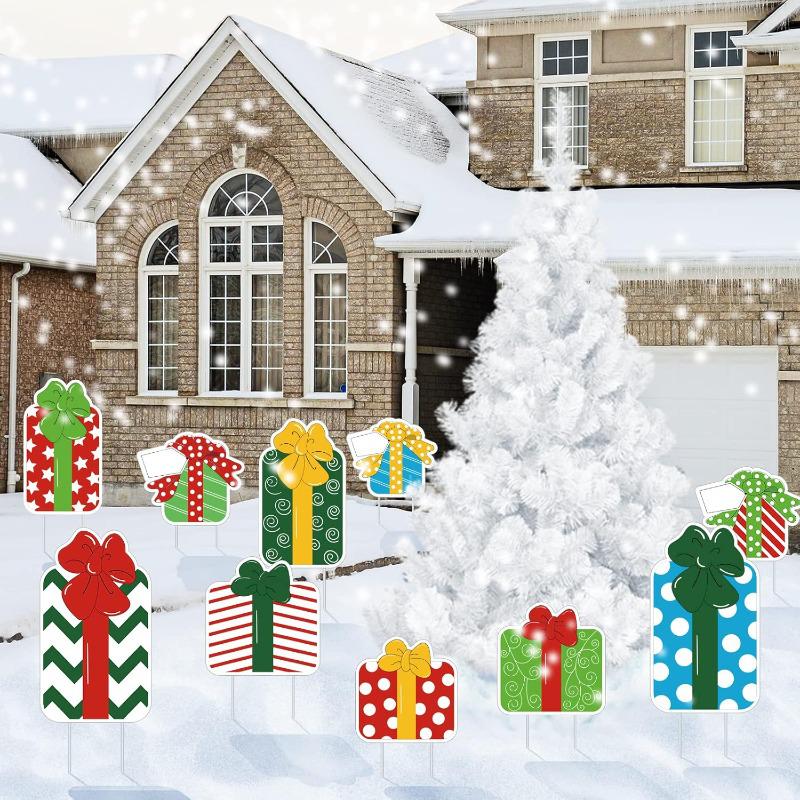 10-Piece Colorful Christmas Gift Box Yard Sign Set with Stakes - Waterproof Outdoor Decoration