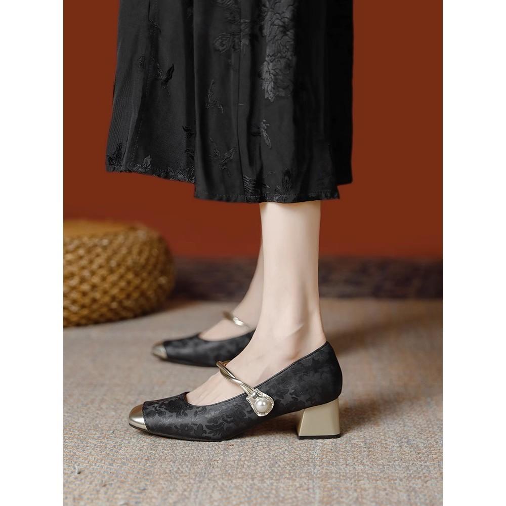 Ретро туфли ципао новые толстый каблук сочетание цветов Мэри Джейн туфли на высоком каблуке одинарные туфли женские