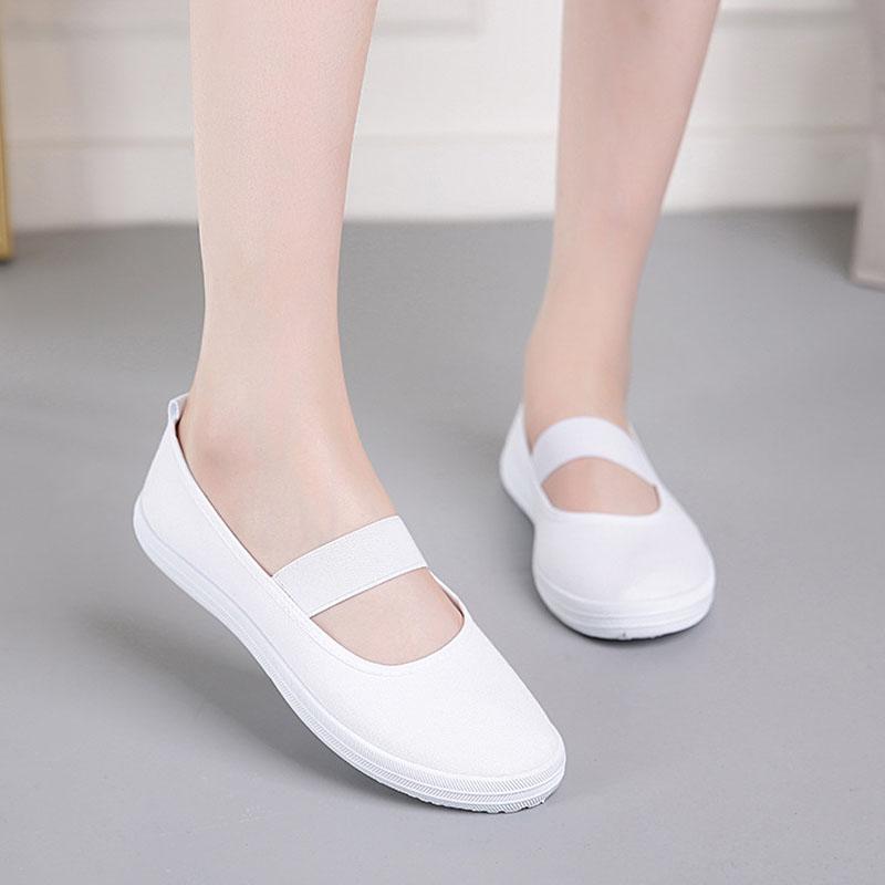 Женские балетки Белые парусиновые туфли Повседневная обувь на резинке Удобные кроссовки Нескользящая мягкая подошва Танцевальная обувь