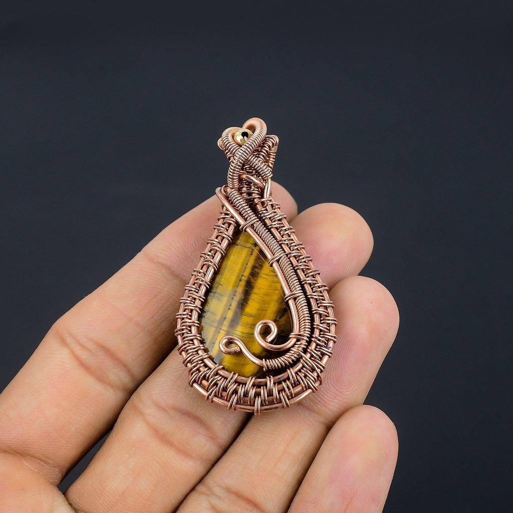 Tiger Eye Pendant, Handmade Gemstone 999 Copper Wire Wrapped Pendant Antique Jewelry, For Gift Silver Jewelry