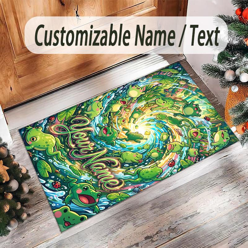 Frog Theme Crystal Velvet Floor Rug Personalized Custom Name Text Warm Carpet Home Decoration