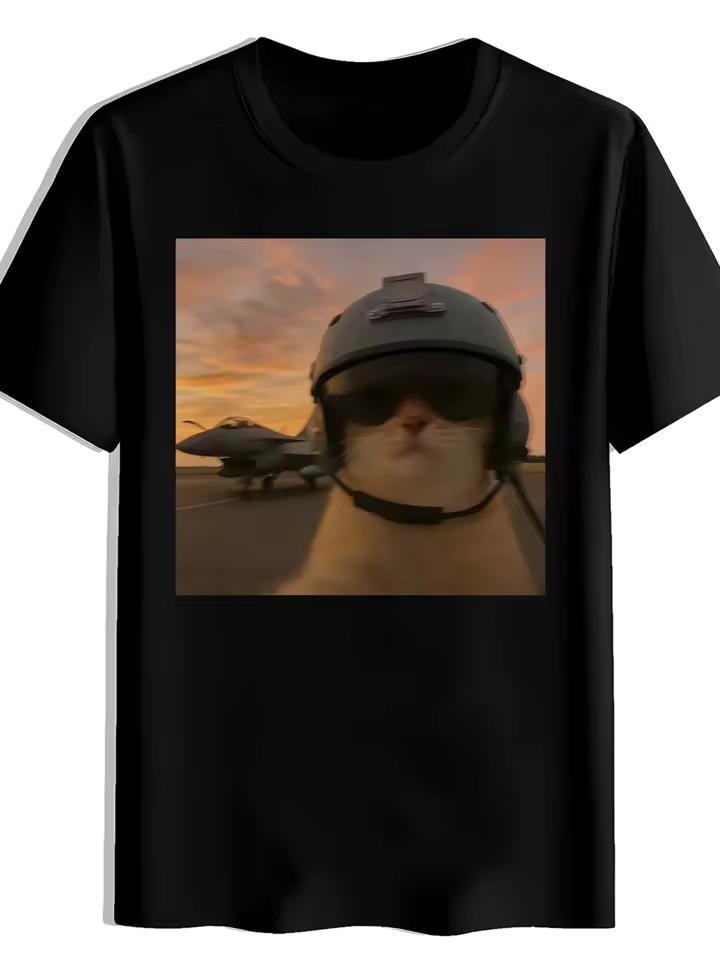 Funny Pilot Cat Photo Graphic T-shirt Men Cotton Cute Meme Loose Oversized Casual Daily Short Sleeve Tops