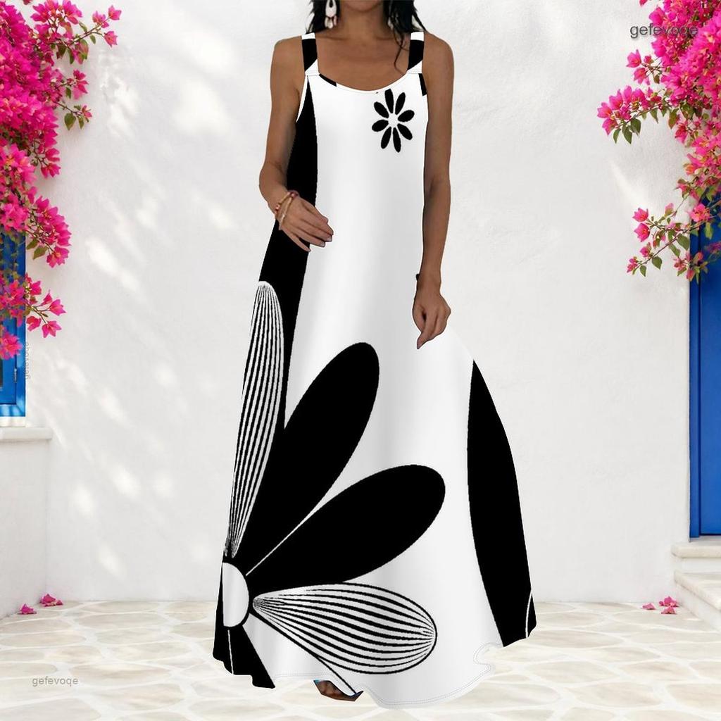 Women Plus Size Scoop Neck Strappy Sleeveless Black White Floral Printed A Line Long Dress