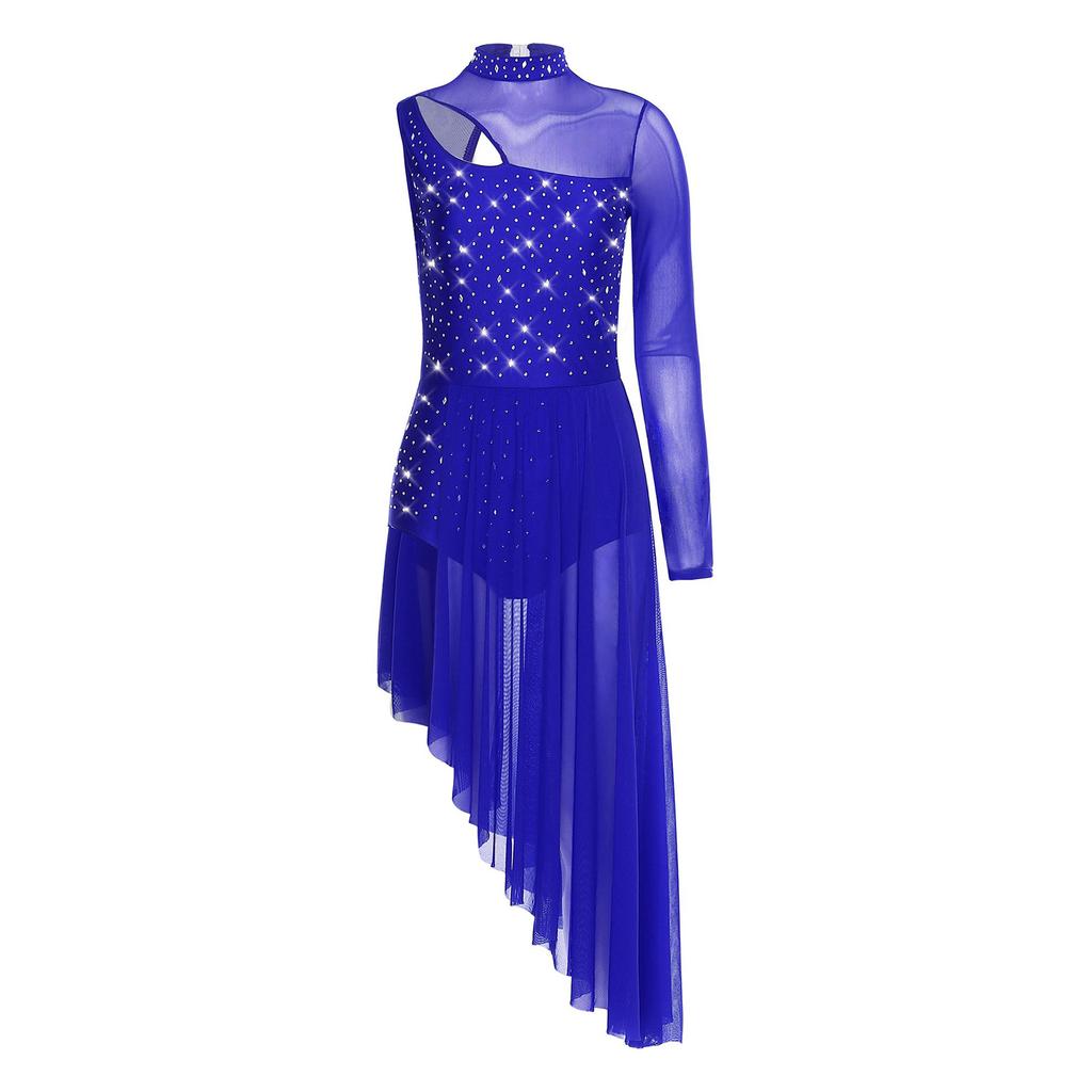 Womens Asymmetrical Lyrical Dance Dress Mock Neck Cutout Sheer Mesh Shiny Rhinestones Performance Costume