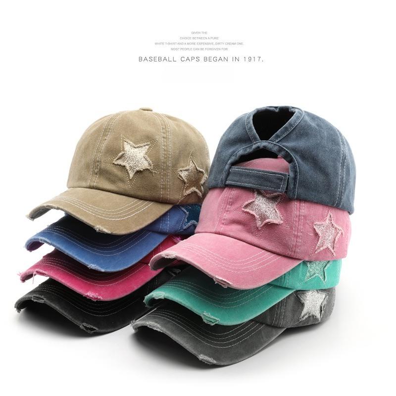 Винтажная Бейсболка с Вышивкой Звезды Регулируемая Накладка Snapback для Улицы Стирка Хлопок Вырезанный Хвост Высокий Хвост Хип-Хоп Кепки