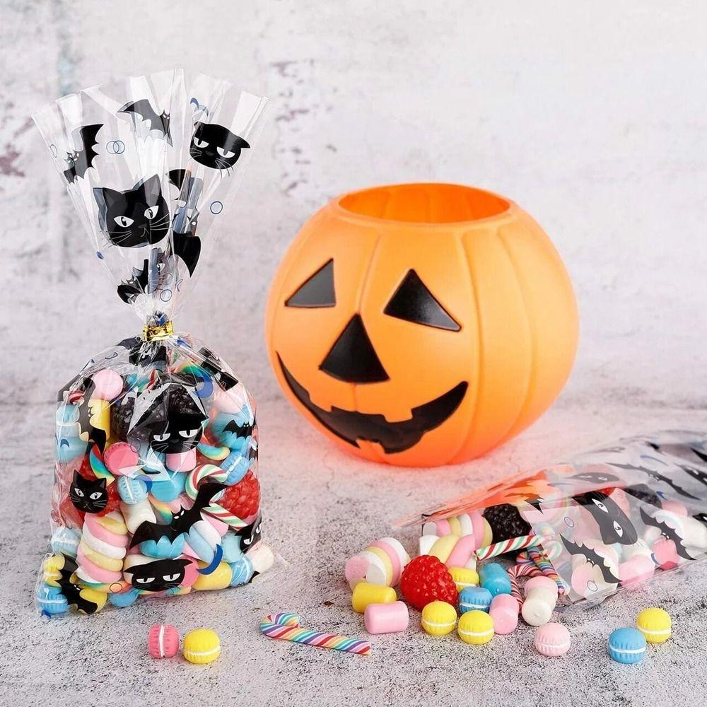 50pcs/pack Bat Pattern Dessert Packaging Bag With Ties Gift Bags Halloween Candy Bags Home