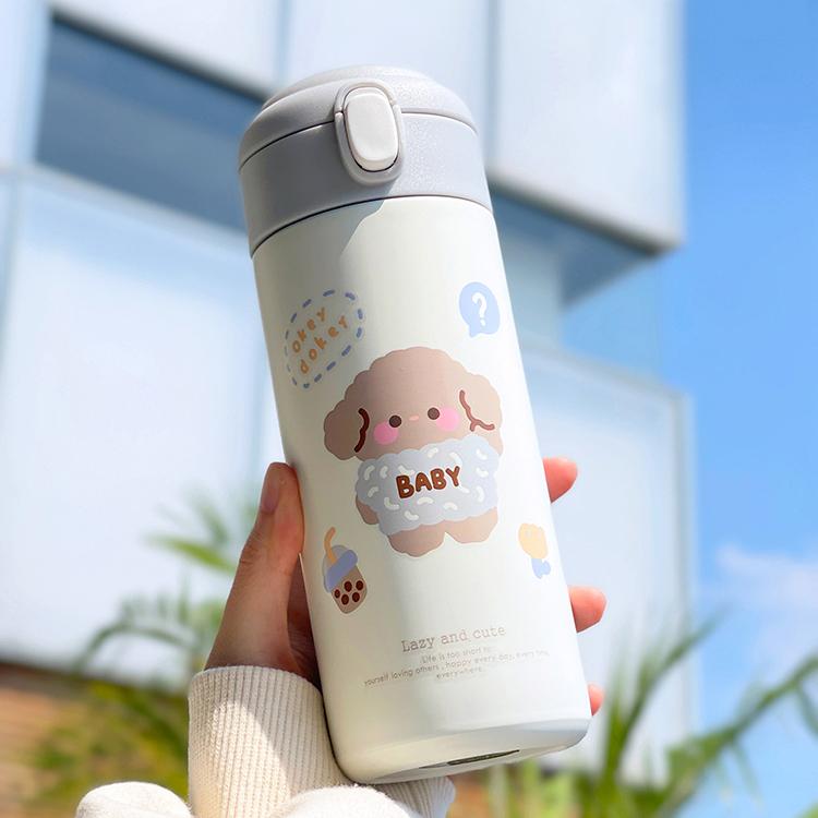Термобутылка Kawaii Bear, 380 мл для детей, школьных женщин, изолированная чашка из нержавеющей стали с соломой, милые термобутылки для воды