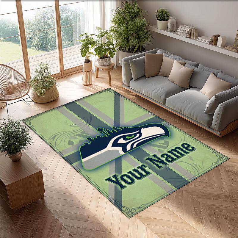 Seattle Seahawks Crystal Velvet Rug, Custom Name Text Personalized Non‑Slip Floor Mat for Home Decor Gift
