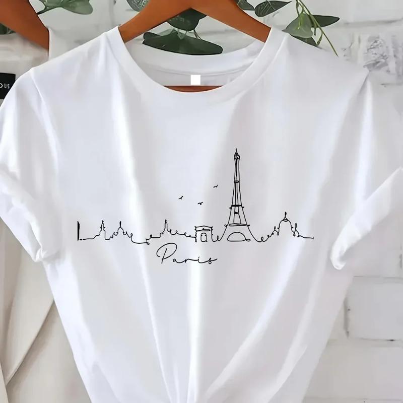 Винтажная элегантная футболка с коротким рукавом и круглым вырезом с принтом Paris Tower Top Высококачественная удобная минималистичная женская одежда