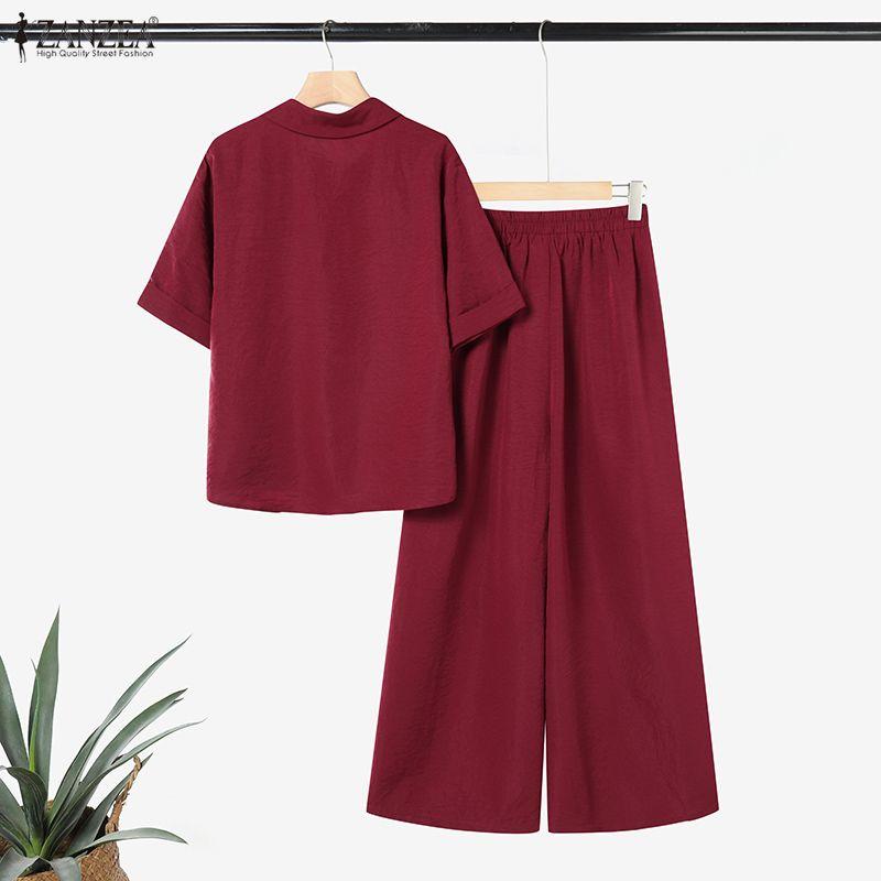 Women Short Blouse Sleeve Zanzea And Long Pants Casual Two Piece Suit Sets