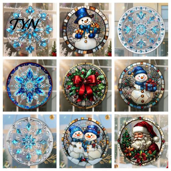 Durable Acrylic Holiday Signage Christmas 2D Hanging Ornaments, Stained Glass Style Snowman Santa Snowflake Lightweight Wall Ornaments Window