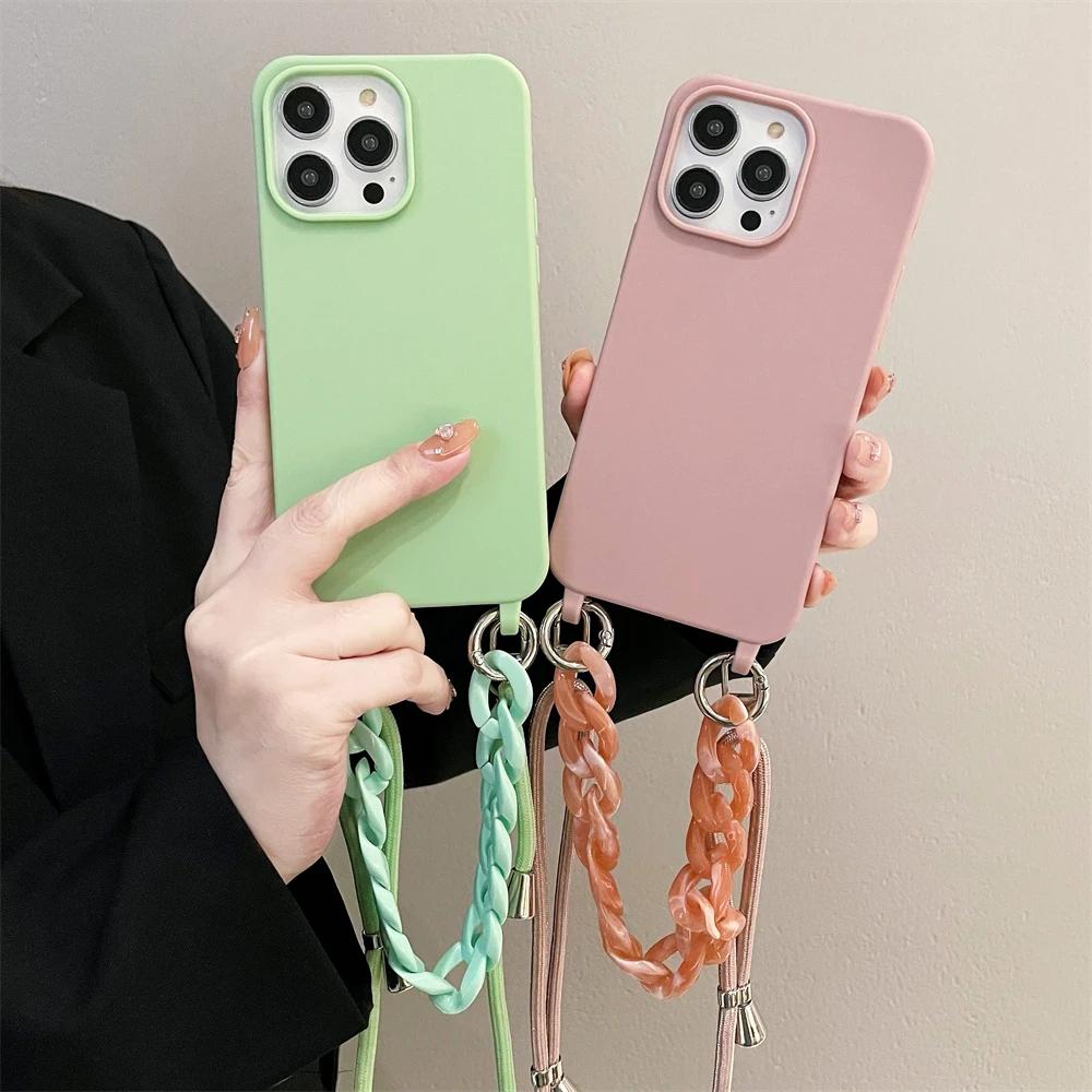 Чехол-цепочка из акрила и силикона с ремешком через плечо для iPhone 16 15 14 13 12 11 Pro X XR Max 7 8 Plus Samsung S24 23 S22 S21 Ultra Plus A54 A14 A53