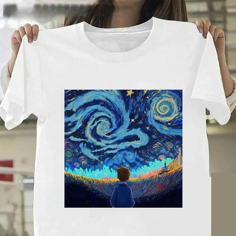 Ван Гог Маленький принц Искусство масляной живописи Модные женские футболки Одежда в стиле Харадзюку Летние футболки с коротким рукавом Повседневные топы с круглым вырезом