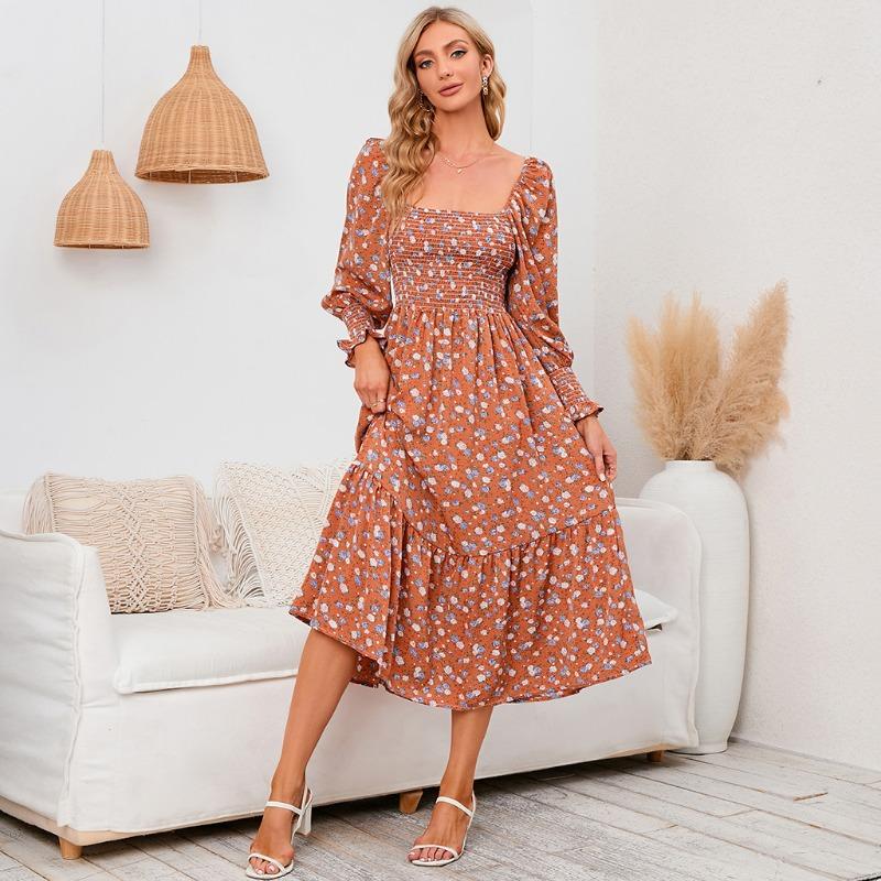 YYFS Women's Fashion Spring Fall Flower Pattern Print Long Sleeve Square Collar High Waist Casual Dresses