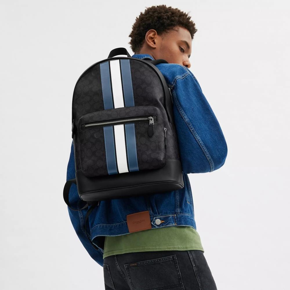 Coach West Backpack In Signature Canvas With Varsity Stripe Gunmetal Charcoal Denim Chalk