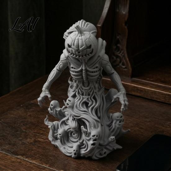 Desktop Resin Statue for Home Halloween Pumpkin Head Ghost Skeleton Statue 3D Printed Gothic Alien Collectible Art Piece Figurine Spooky Decor