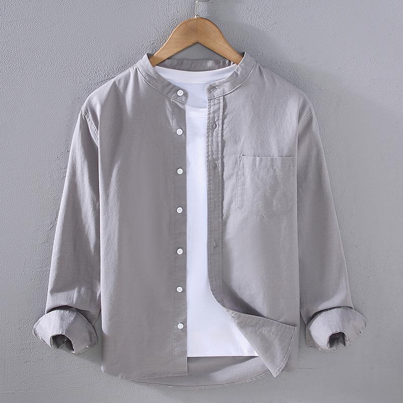 Мужская рубашка из хлопка и льна с длинным рукавом, китайским воротником-стойкой и карманом - простая, удобная повседневная куртка