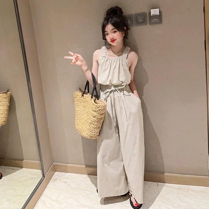 Summer Teen Girls Clothing Sets Children Fashion Princess Tops + Wide Leg Pants 2Pcs Outfits Kids Tracksuit