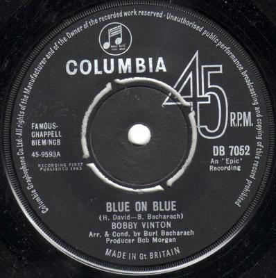 7-дюймовая пластинка БОББИ ВИНТОН - Blue On Blue / Those Little Things DB7052 Columbia 1963 UK Поп Б/У