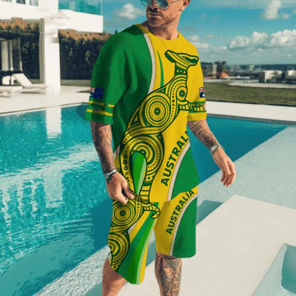 Мужская летняя уличная одежда с принтом радужной лошади и букв 3D, футболка с коротким рукавом и шорты, комплект из 2 предметов, повседневный спортивный костюм, мужская одежда