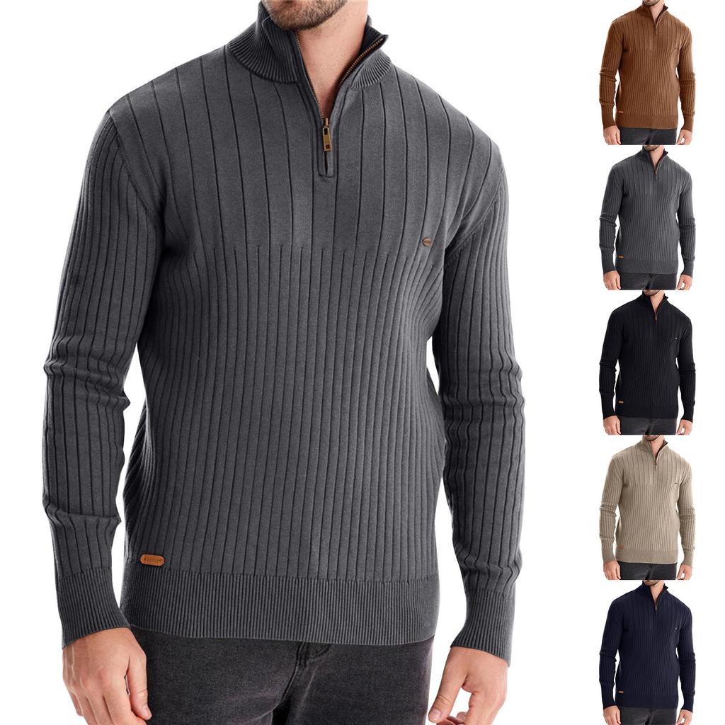 Men's Winter Solid Color Stand Collar Half Zipper Slim Fit Knit Long Sleeve Top