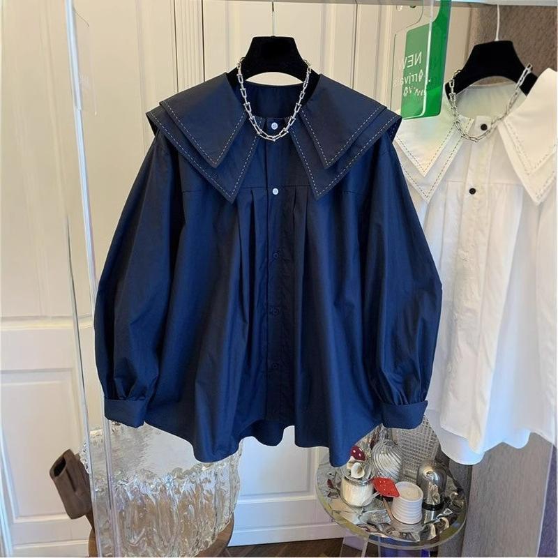 Женский корейский кардиган-блузка на четыре сезона: весна, осень, с кукольным воротником, женская свободная однотонная рубашка, топы, женская мода, рубашки с рукавами-фонариками