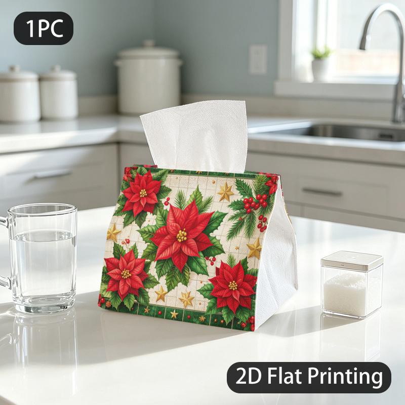 1pc Tissue Box, Traditional Festive Christmas Poinsettia Star Warm Joy Pattern, 2D Flat Printing, Keeps Dust Out, Machine Washable, Tissue Bag, for Sl