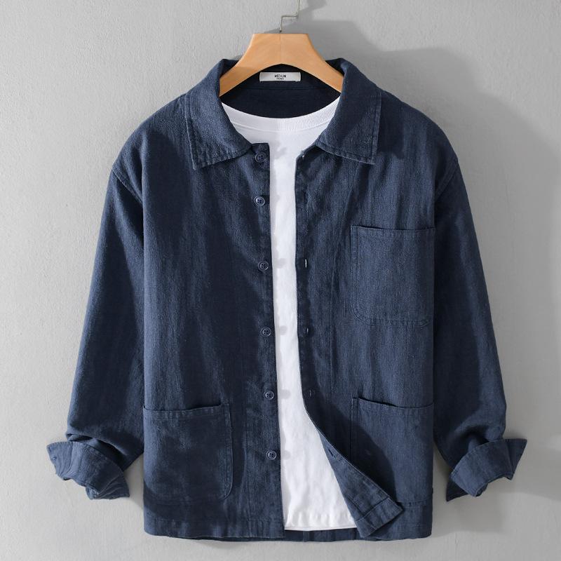 Весенние и осенние рубашки с длинным рукавом для мужчин в китайском стиле из хлопка и льна, повседневная мужская одежда с несколькими карманами, однотонная рубашка с воротником-лацкан