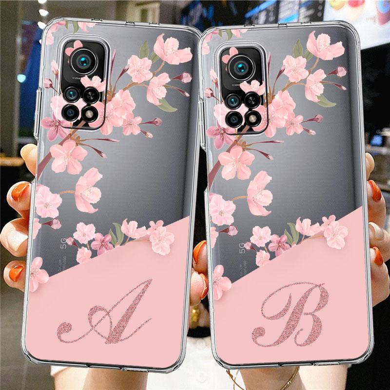 Чехол для Xiaomi Mi Poco X3 NFC 11 Lite M3 10T 9T 12 Redmi Note 10 9 9S 8 8T 7 Мягкий прозрачный чехол для телефона Цветок Буква Розовый A B C