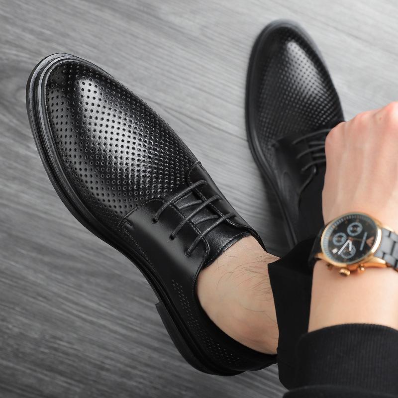 Перфорированная мужская летняя деловая повседневная обувь из натуральной кожи в корейском стиле, летняя дышащая формальная обувь на высокой подошве