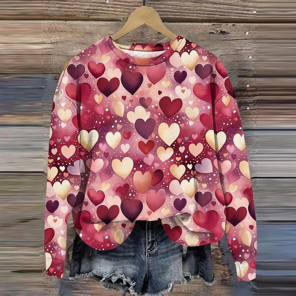 Женская мода День святого Валентина Печатный длинный рукав свободный круглый вырез толстовка Топ осень