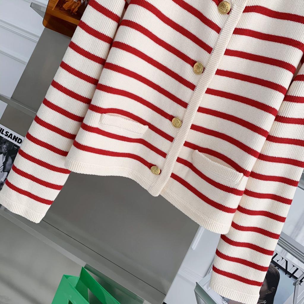 Золотая пряжка, контрастная полоска, круглый вырез, небольшой ароматный стиль, вязаный кардиган, женский весенне-осенний французский свободный короткий внешний свитер, куртка
