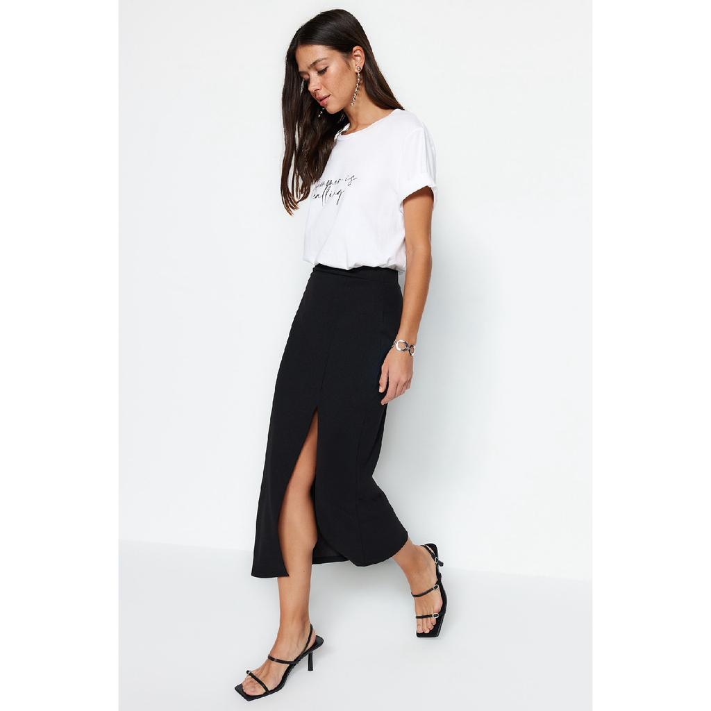 Black Smart Crepe Slit Detailed Maxi High Waist Stretchy Knitted Skirt Twoss23et00351