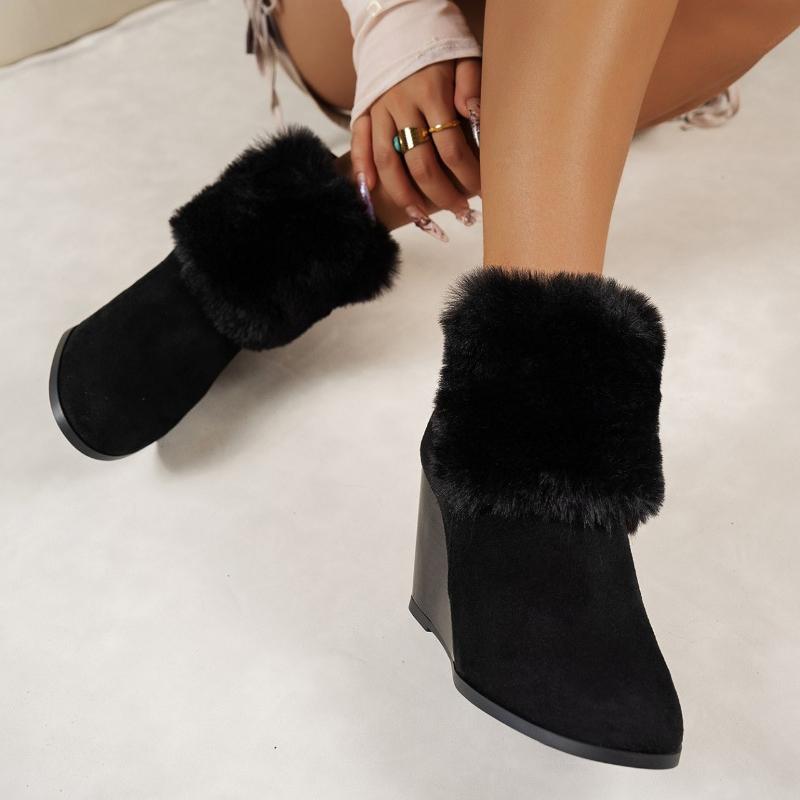 Мода 2024 Зима Новая Верхняя Одежда Женские Большие Волосатые Ботинки Голые Ботинки Круглый Носок Толстый Нижняя Часть Скошенный Каблук Теплые и Удобные Модные Ботинки