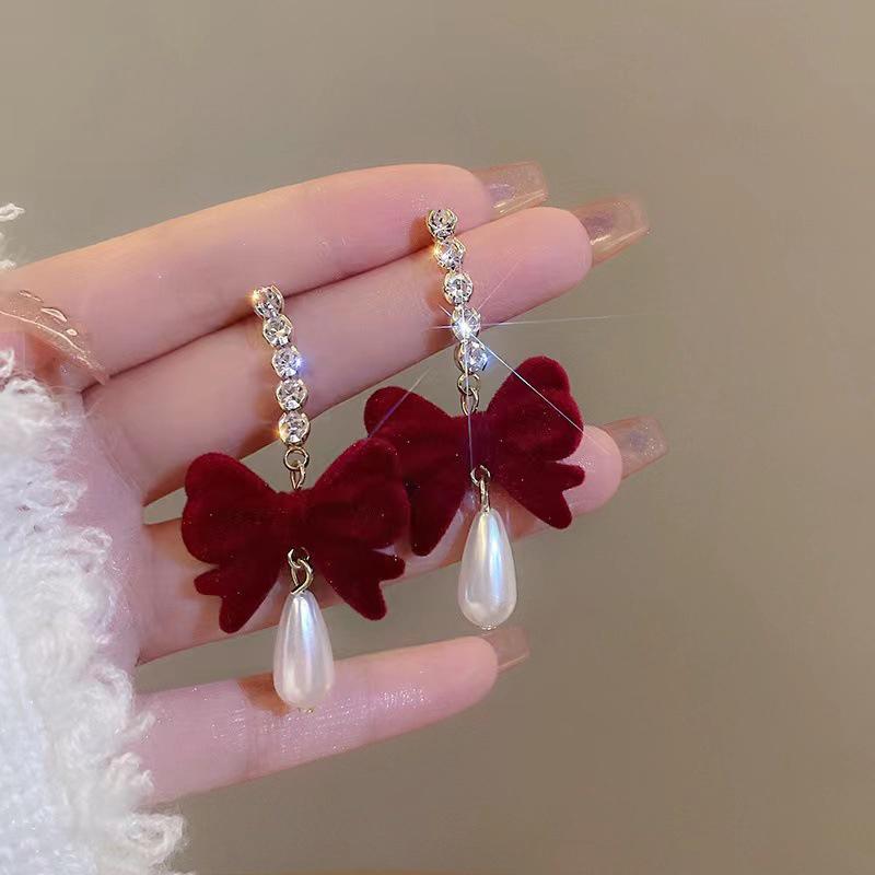 Серьги-бантики из красной флокированной ткани, темпераментные серьги с длинными бахромой в виде сладких цветов