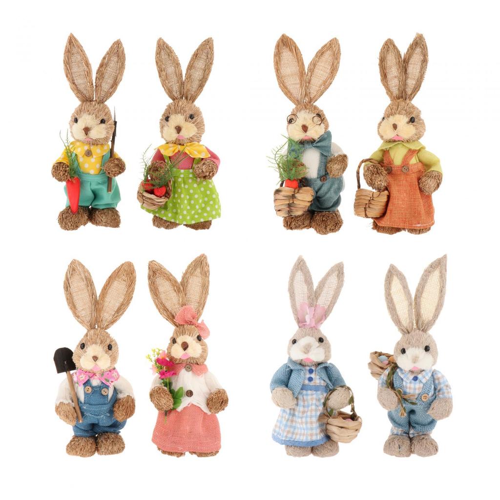 2x Artificial Straw Rabbit Souvenir Bunny Figurine Easter Straw Bunny Ornaments for Easter Holiday Party Household Decoration