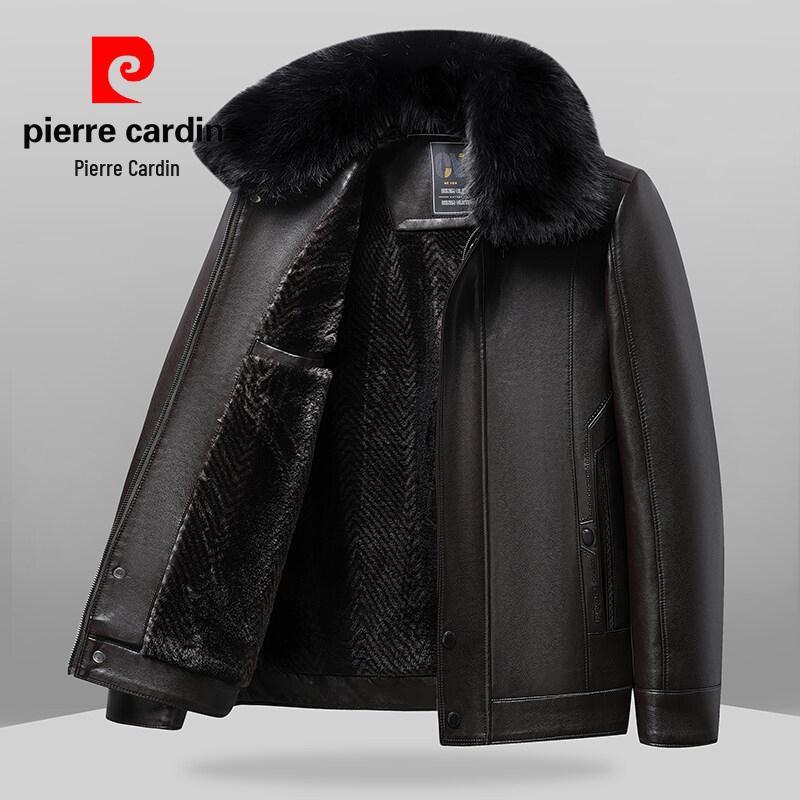 Мужская кожаная куртка Pierre Cardin 2025 с воротником-стойкой - Повседневная, Универсальная, Теплая, С подкладкой из бархата для мужчин среднего возраста