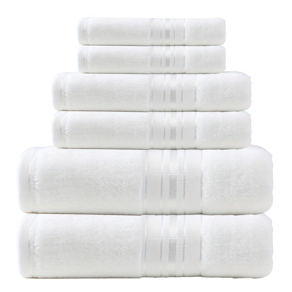 6 Piece Towel Set, 2 Bath Towels 2 Hand Towel 2 Washcloths, 600 GSM 100% Cotton Turkish Towels for Bathroom, White Towel Sets