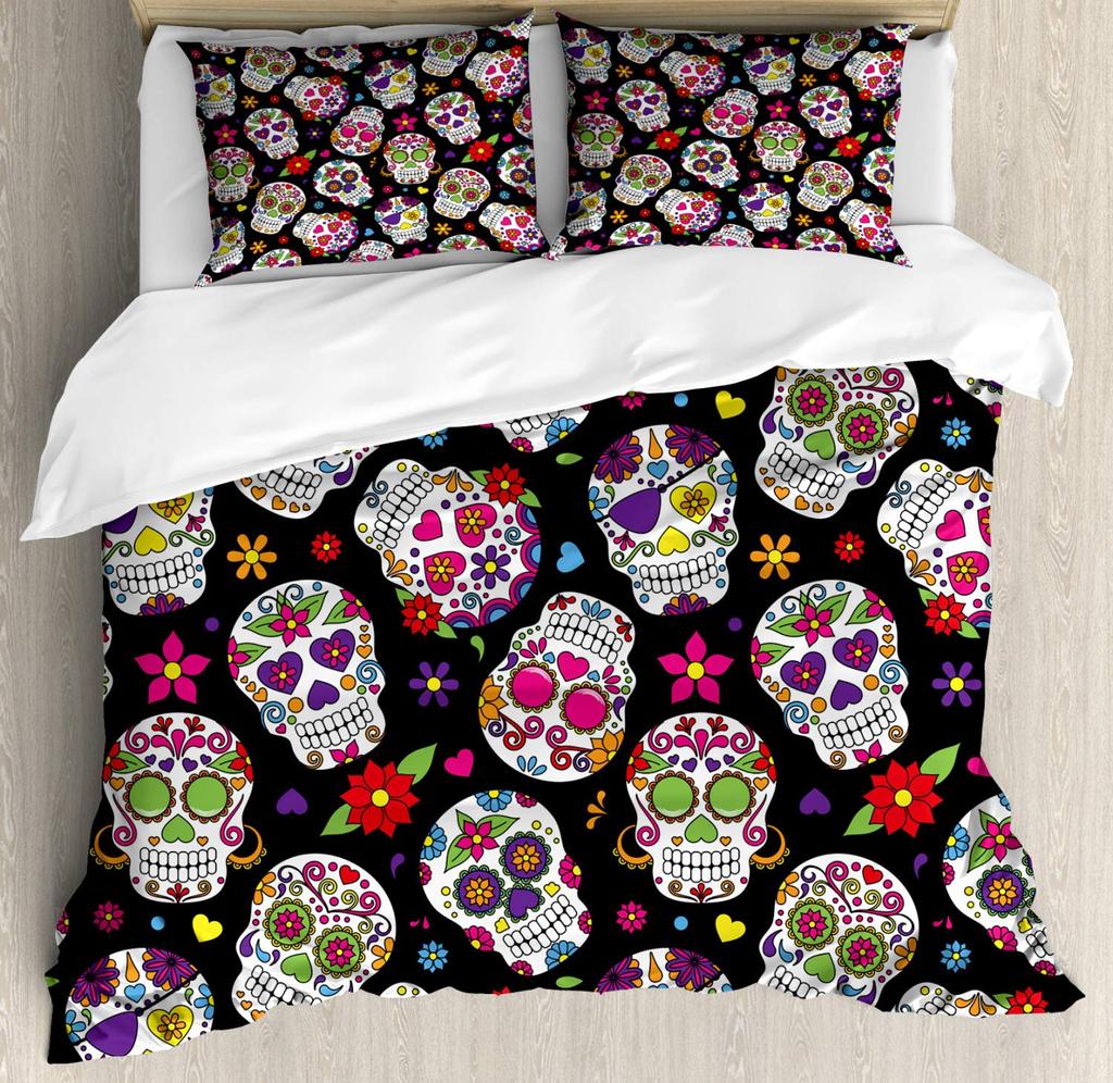 Yellow Sugar Skull Print Home Bedding Sets Duvet Cover Pillowcase Microfiber King Queen Double Twin Polyester Comforter Cover