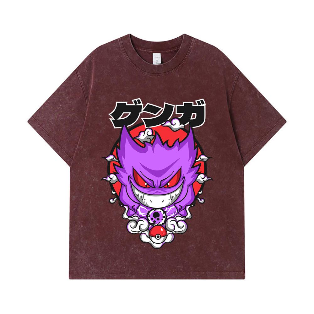 275 GSM Washed T-shirts 100% Cotton Pokemon V10 Gengar Print Unisex Heavy Cotton T Shirt