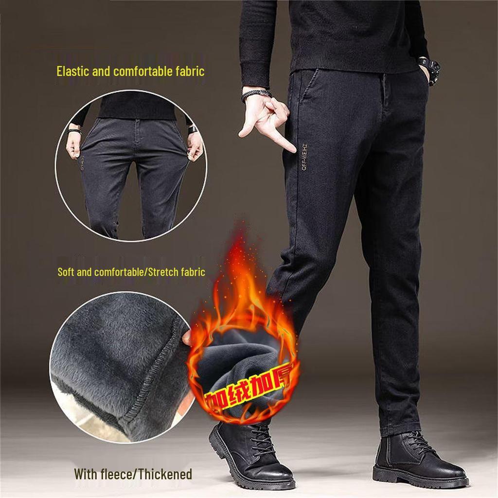 Men's Thick Fleece-Lined Straight-Leg Jeans - Autumn/Winter Fashion Trend