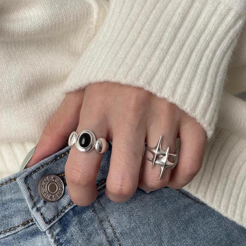 VENTFILLE 925 Sterling Silver Black Agate Ring for Women Girl Circular Design Splicing Fashion Versatile Gift Dropshipping