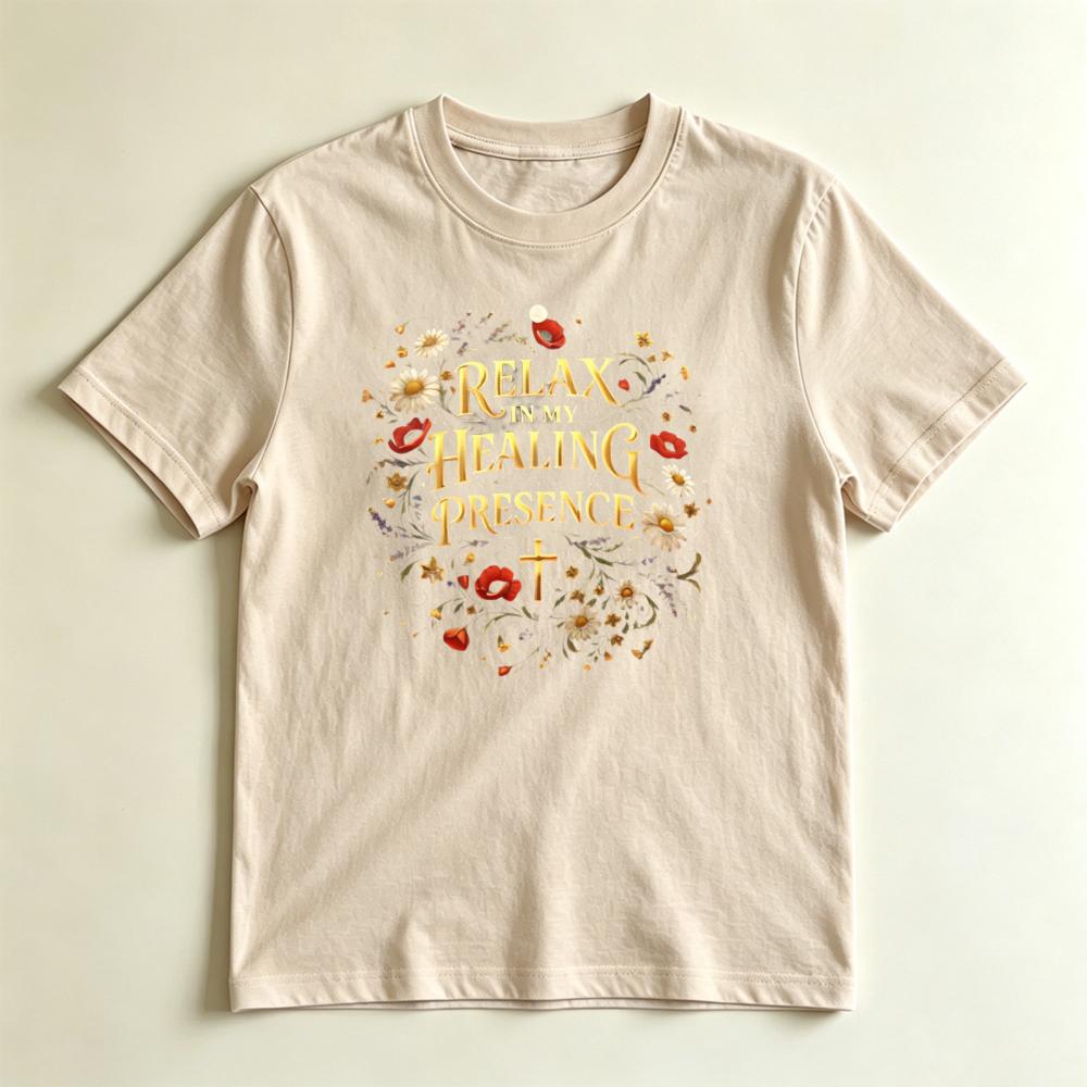 Relax In My Healing Presence Floral Cross Christian Casual Graphic Tshirt Christian Faith Gift Tshirt Unisex Fashion Cotton Tops