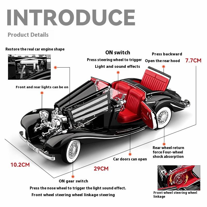 Большой 1/18 Benz 500K Сплав Литой Классический Модель Автомобиля Симуляция Звук Свет Ретро Модель Автомобиля Украшение Подарок Мальчику Хэллоуин Игрушки