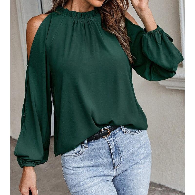 Long Sleeve Women Chiffon Blouse Off Shoulder Stand Collar Fashion Green Lady Tops Ruffle Casual Shirts Womens Clothing 24406